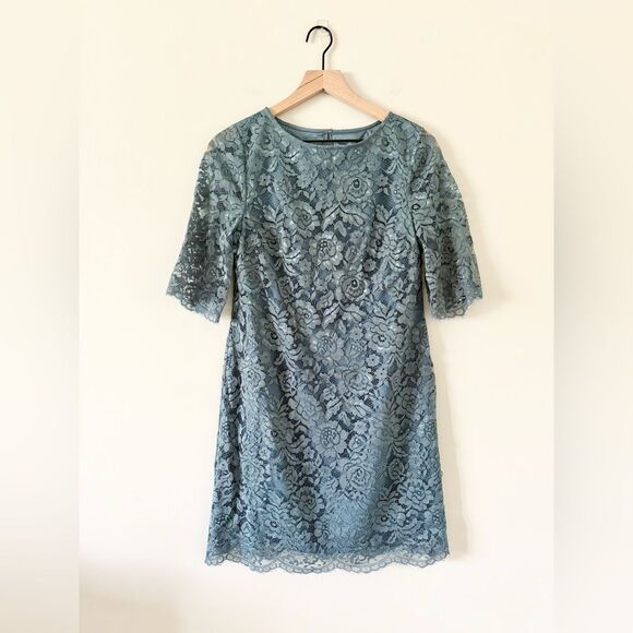 Hitherto Anthropologie Lace Sheath Dress in Dusty Teal - Size 6 - Picture 1 of 7